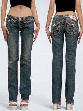 True Religion “Joey” Super T Low Rise Slim Straight Jeans Thick Rope Stitch Y2K